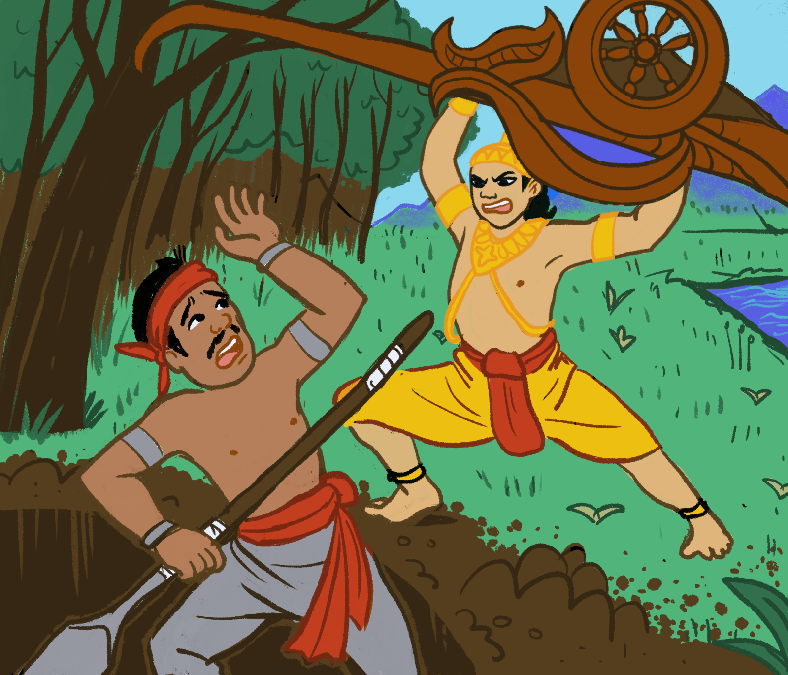 Illustration of a fierce young man in gold armlets swinging a carved wooden wheel at a startled man with a red headband and stick in a forest clearing.