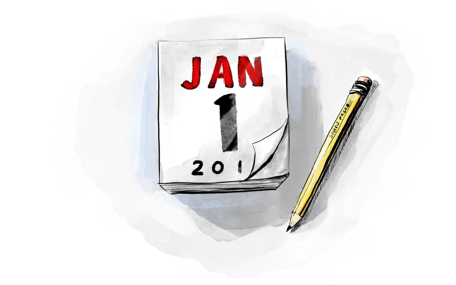 Watercolor sketch of a calendar page reading Jan 1 with a yellow Sahtu Press pencil