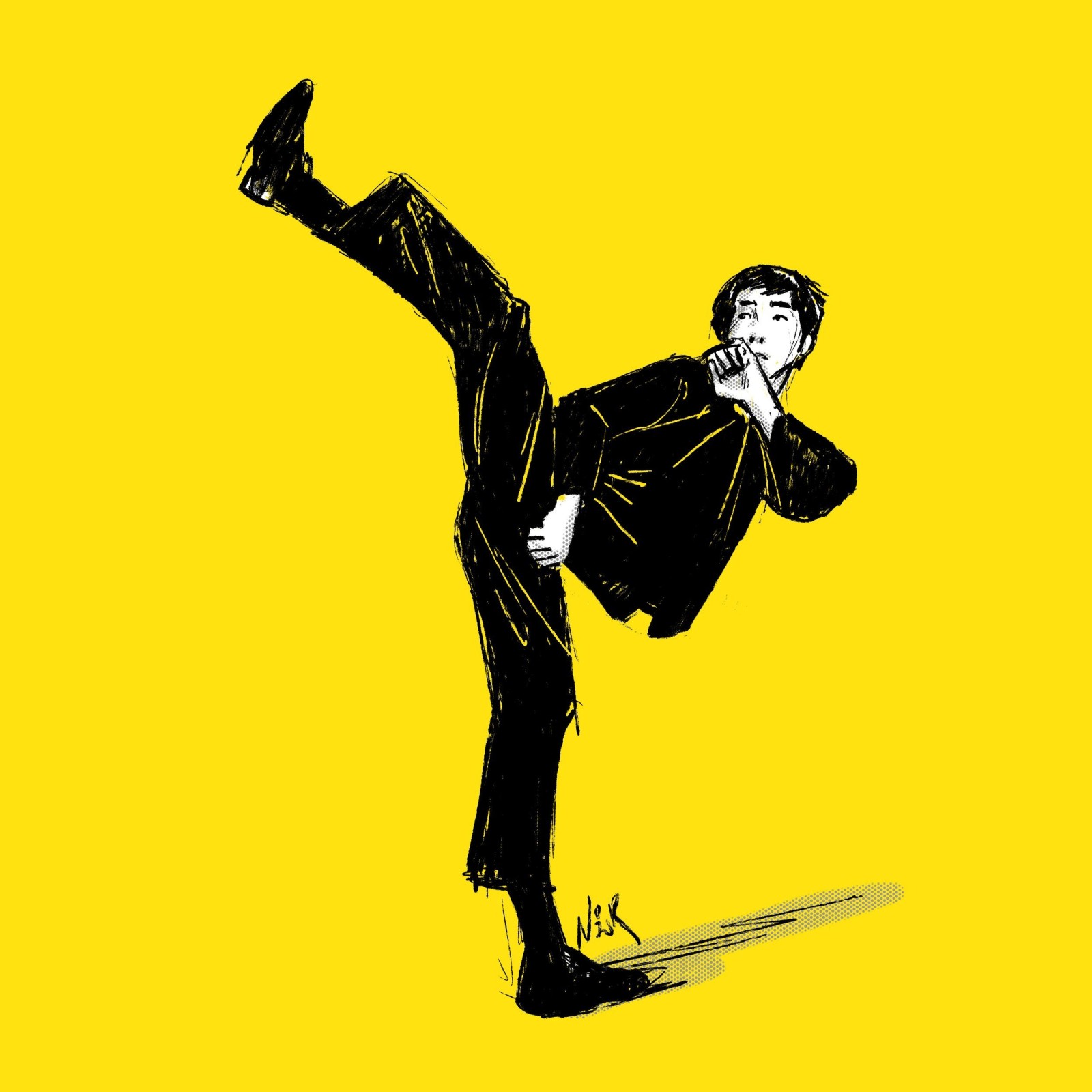 Ink drawing of a man in a black suit throwing a high kick against a bright yellow background, signed Nor