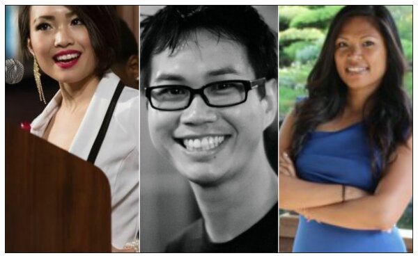 Three portraits side by side: a woman speaking at a podium, a smiling young man in glasses, and a woman in blue with arms crossed.