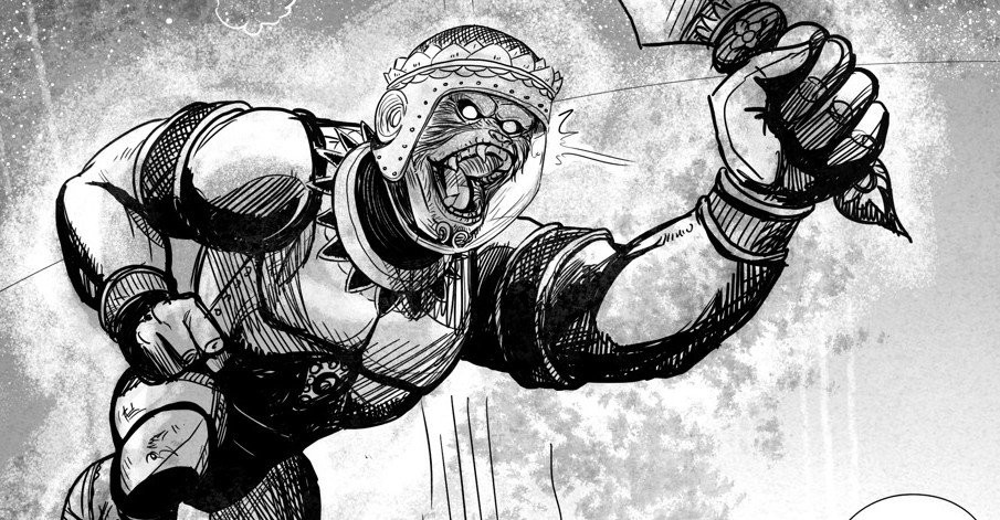 Black and white comic art of Hanuman, the monkey warrior, leaping forward with a raised fist