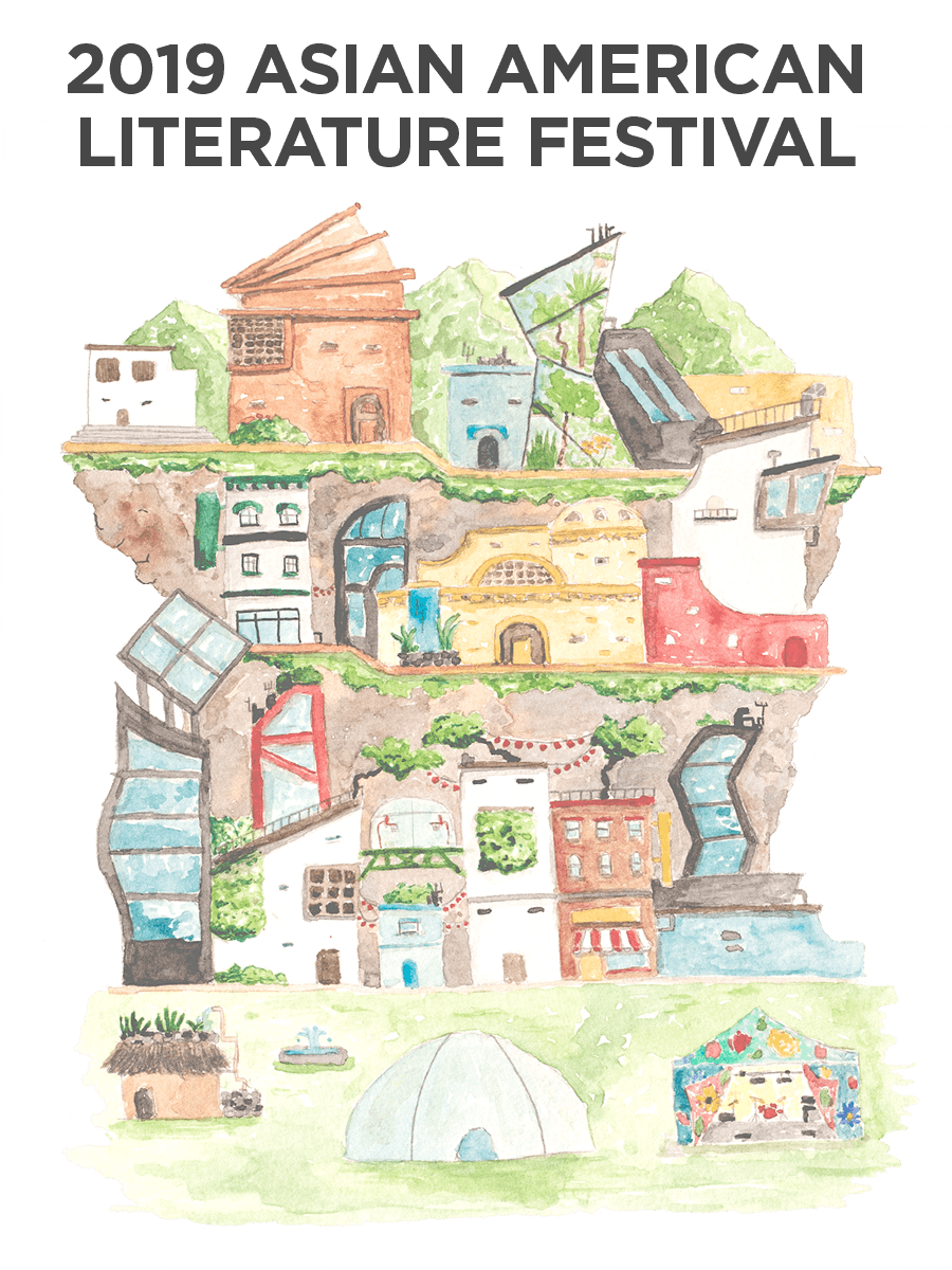 Poster: 2019 Asian American Literature Festival, watercolor of stacked buildings and gardens