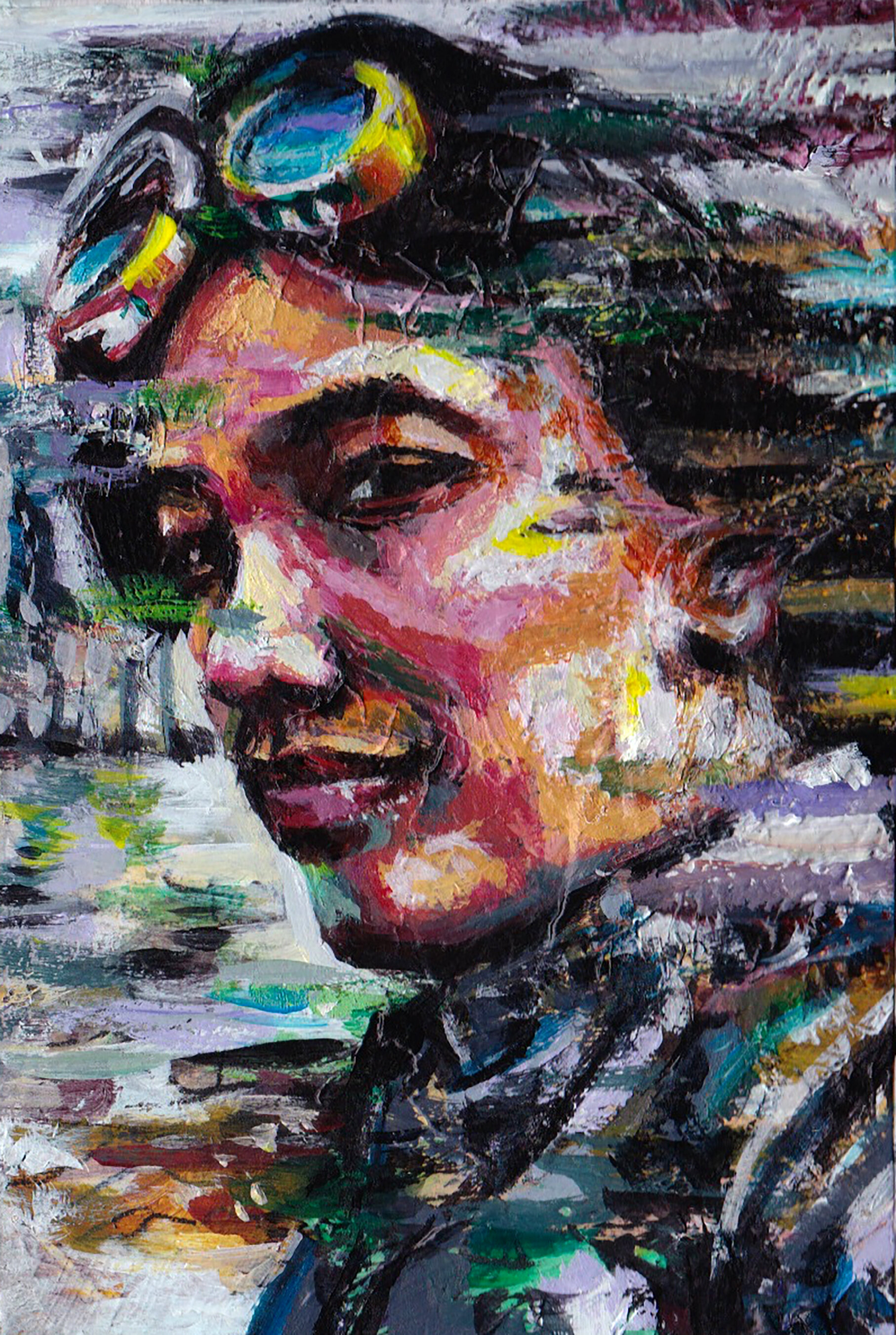 Painting by Sisavanh Phouthavong-Houghton used on the cover of Before We Remember We Dream: a face with goggles in bold strokes
