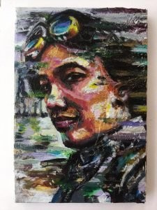 Expressive painted portrait of Bryan Thao Worra wearing goggles, by Sisavanh Phouthavong Houghton