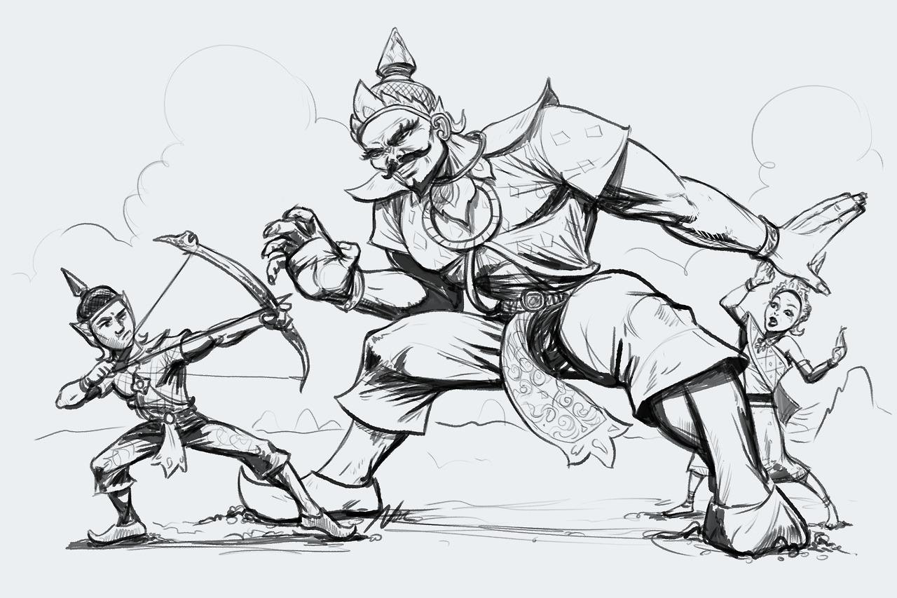 Pencil sketch of Sinxay drawing his bow against a towering crowned giant, with a young woman behind the giant