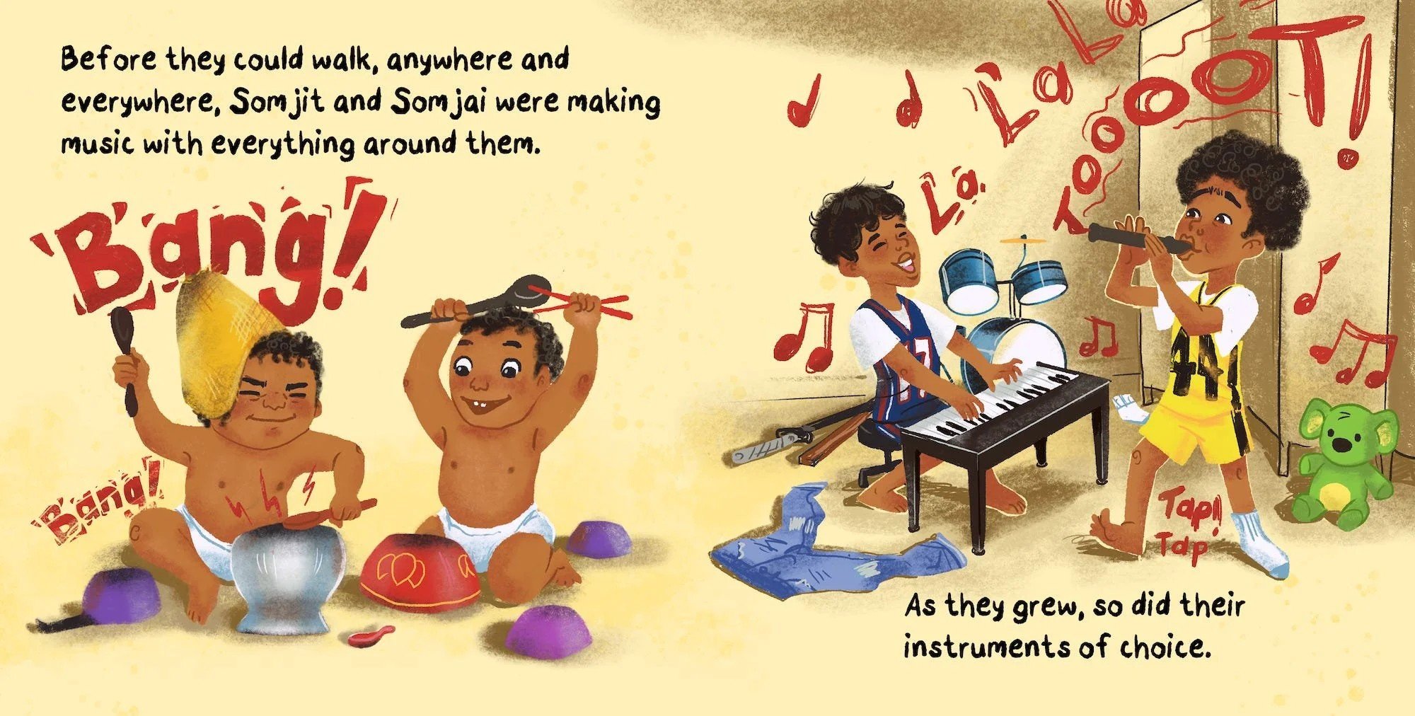 Picture book spread of twins Somjit and Somjai making music, first as babies banging pots, then on keyboard and flute