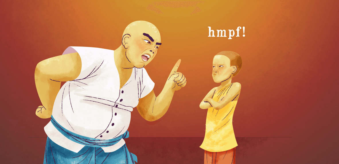 Illustration of a monk scolding young Xieng Mieng, who crosses his arms and sulks