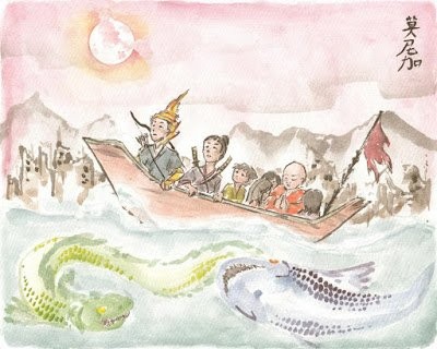 Watercolor of travelers in a boat, one in a pointed golden crown holding a bow, crossing water with a green serpent and a large fish under a pink moon.