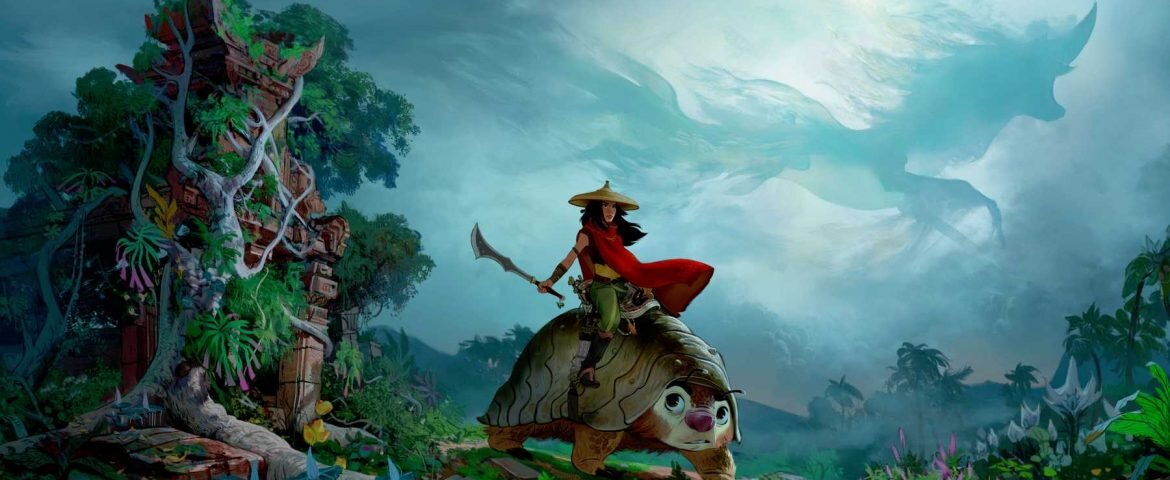 Concept art of Raya with sword raised, riding a giant armadillo-like creature through a jungle, a dragon shape in the clouds