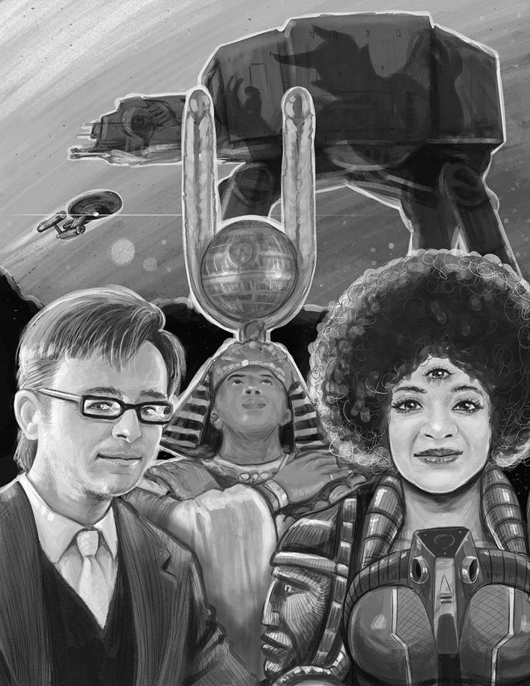 Black and white Diversicon 2015 poster art: a man in glasses, a three-eyed woman with an afro, and a pharaoh figure, with spaceships and a walker overhead.