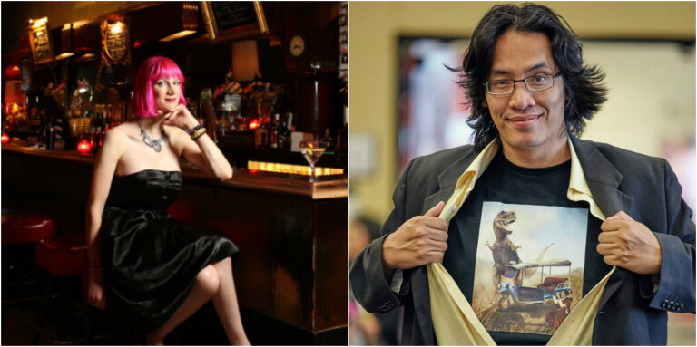 Two photos side by side: a woman with pink hair in a black dress at a bar, and a man opening his jacket to show a dinosaur T-shirt.