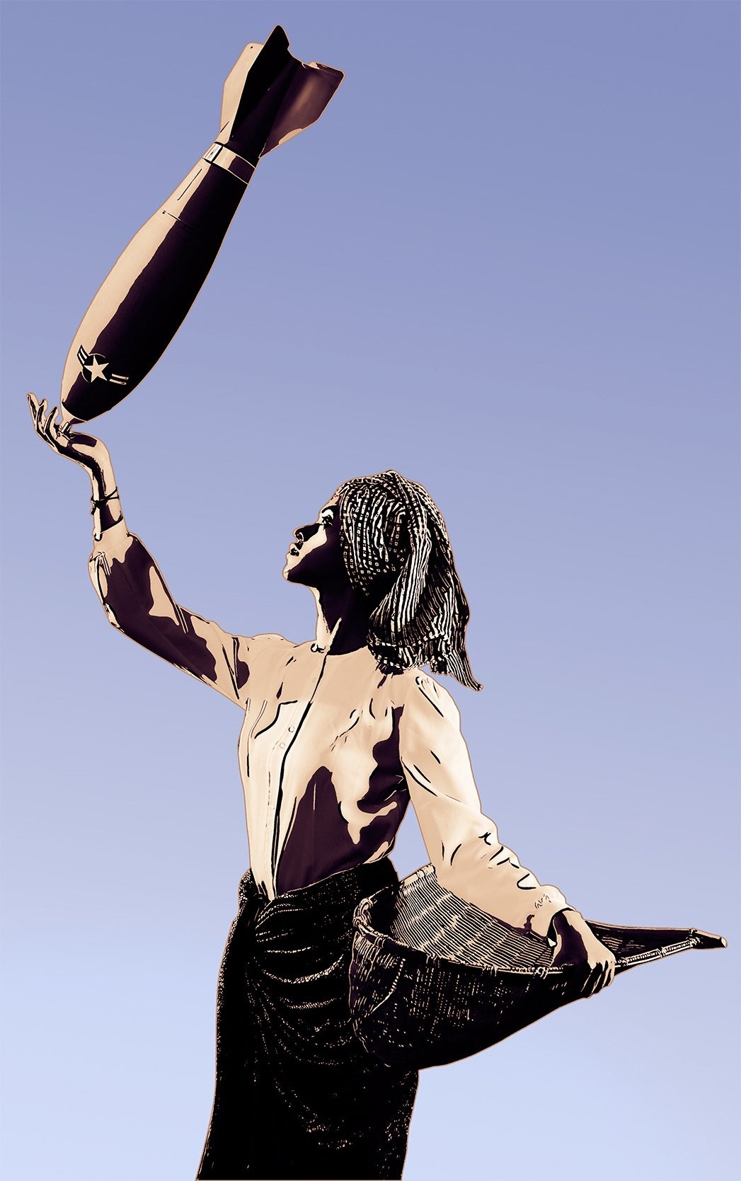 Stylized illustration of a woman in a sinh tossing a falling bomb from her raised hand while holding a woven fishing basket.