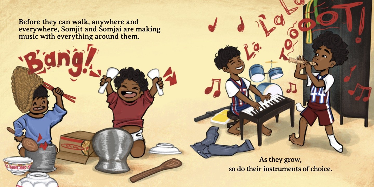 Opening spread of Somjit & Somjai's Musical Journey: toddlers banging pots and bowls, then older brothers playing keyboard and recorder.