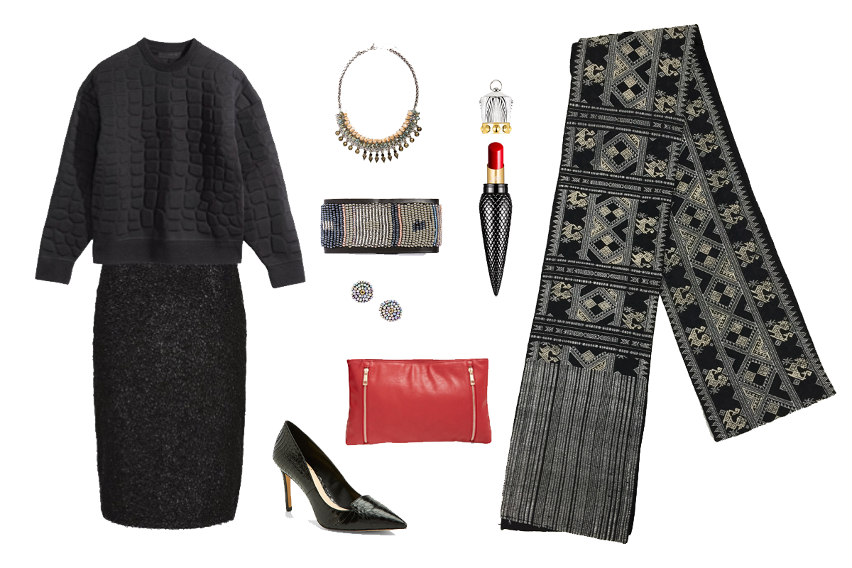 Outfit collage pairing a black quilted sweater and skirt, jewelry, red clutch, and heels with a black and white Lao woven textile