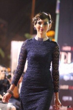 Model walking a runway in a fitted navy lace dress with a beaded collar