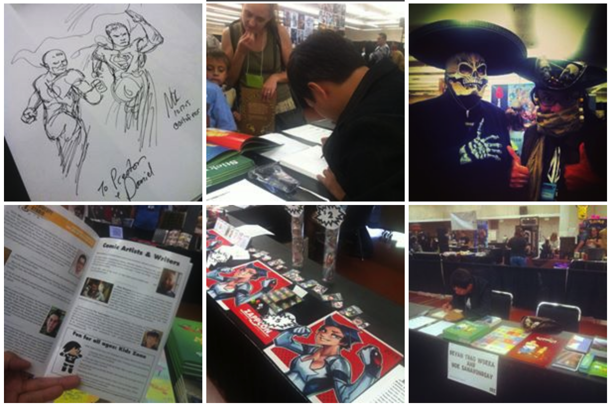 Collage from a comic convention: a superhero sketch, an artist signing, skull-faced costumes, a program, and the Sahtu Press table