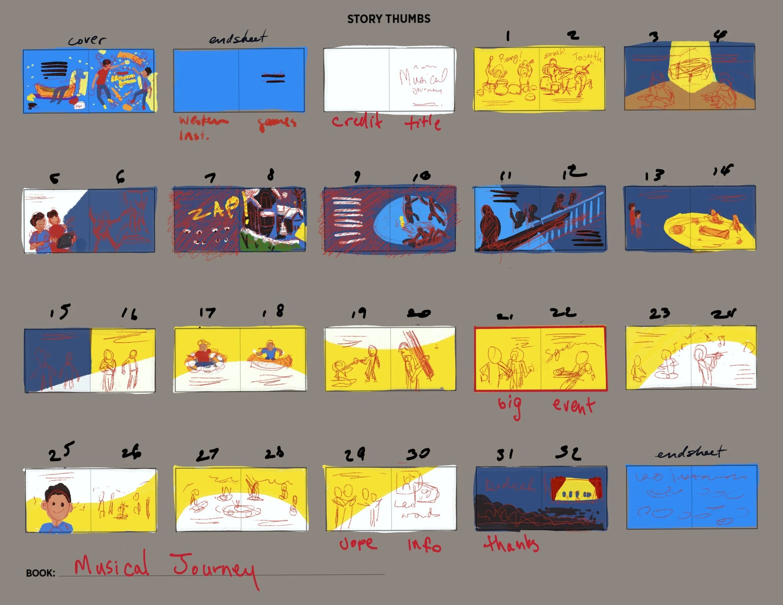 Thumbnail sketch sheet for the picture book Musical Journey, showing rough color layouts of every spread from cover to endsheet.