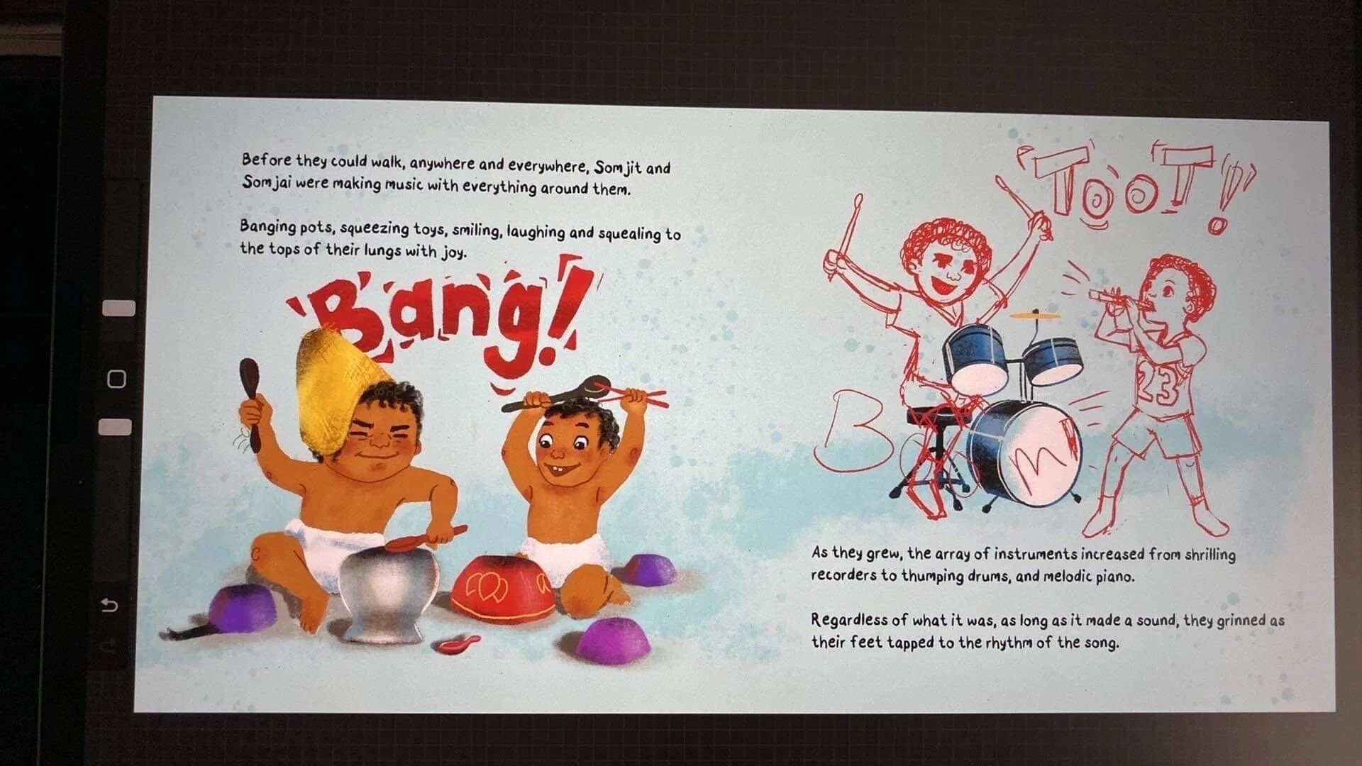 Picture book spread on a tablet: two babies banging pots with 'Bang!' beside a red sketch of the kids playing drums and recorder with 'Toot!'