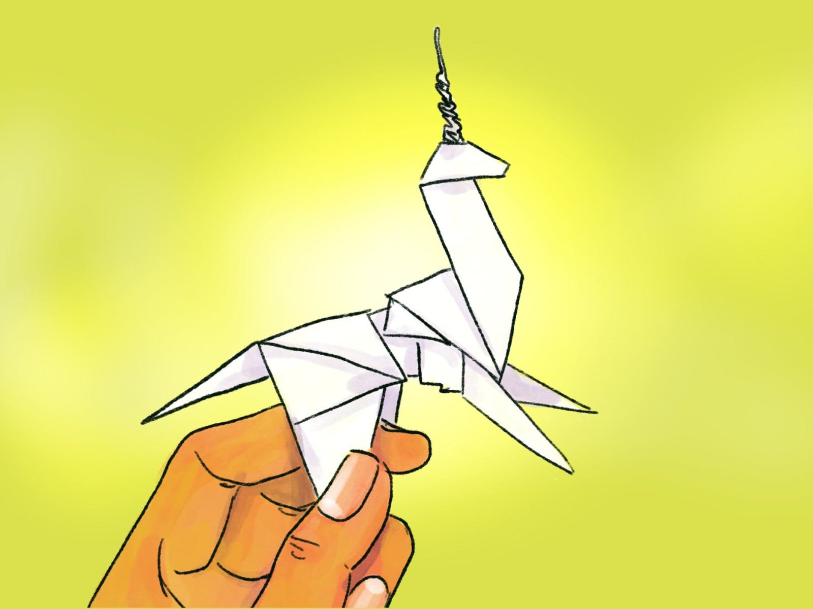 Illustration of a hand holding an origami unicorn with a twisted wire horn against a bright yellow-green background.