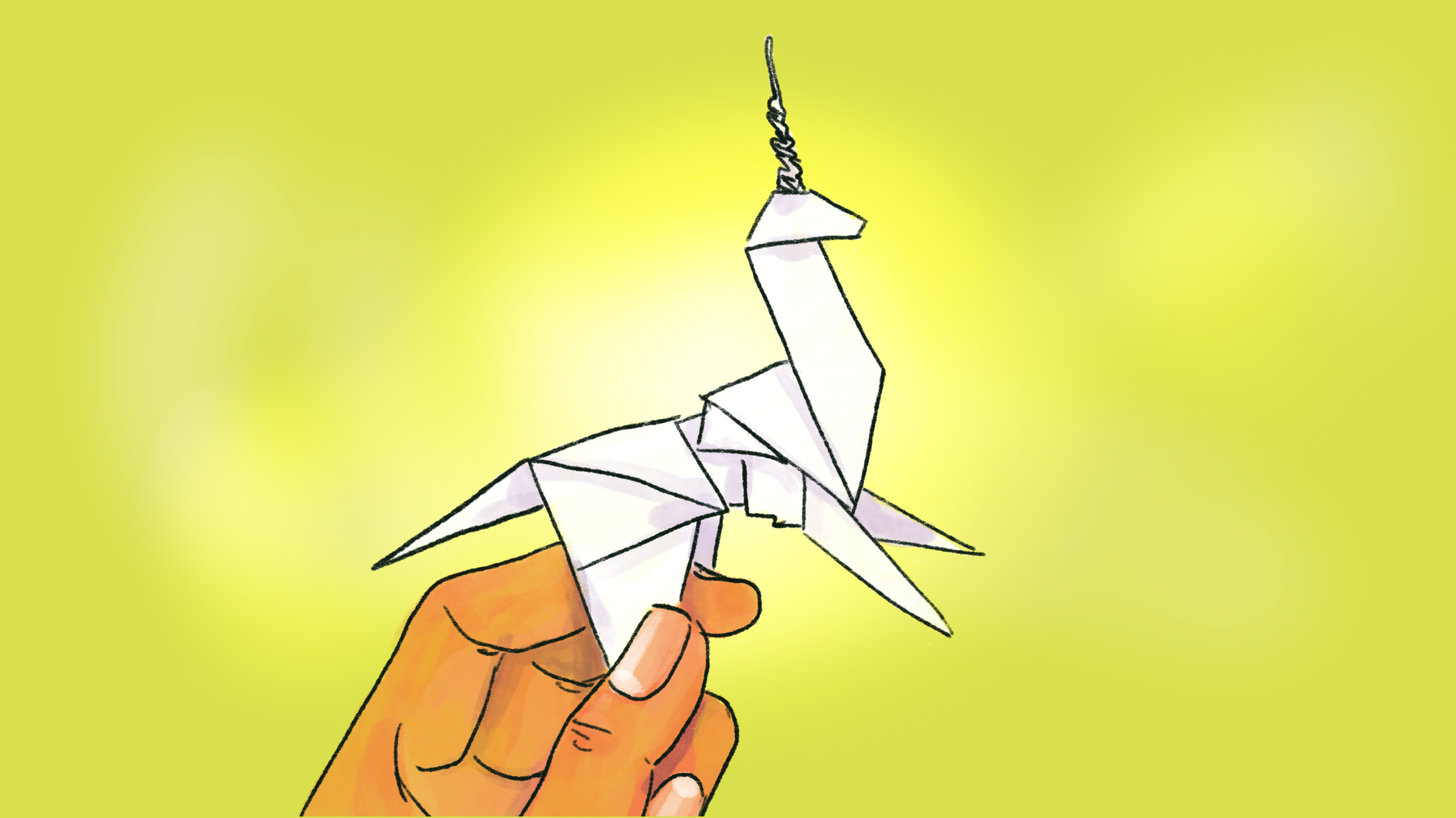 Illustration of a hand holding up an origami unicorn with a wire horn on a yellow-green background.