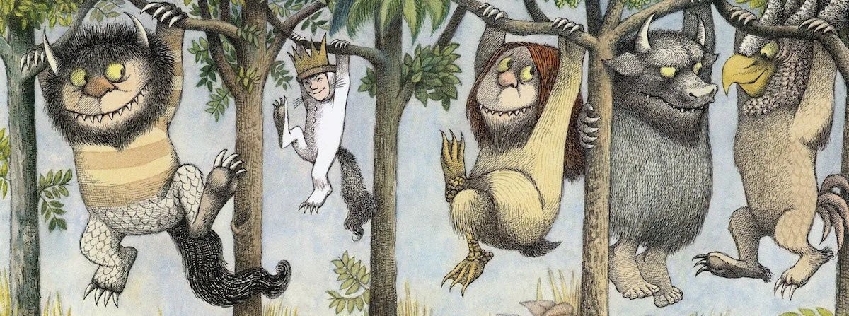 Maurice Sendak's Wild Things and Max in his crown hanging from tree branches, from Where the Wild Things Are