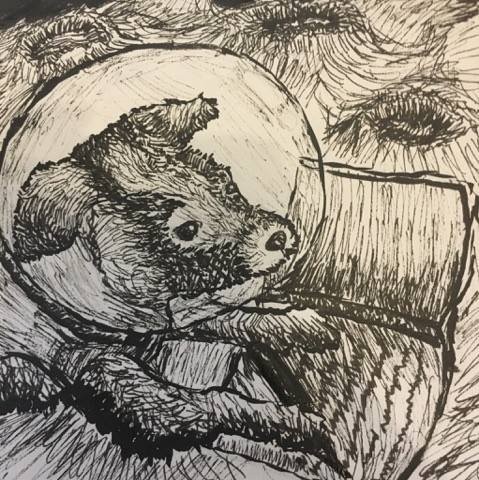 Ink drawing of a small animal in a space helmet drifting among swirling lines