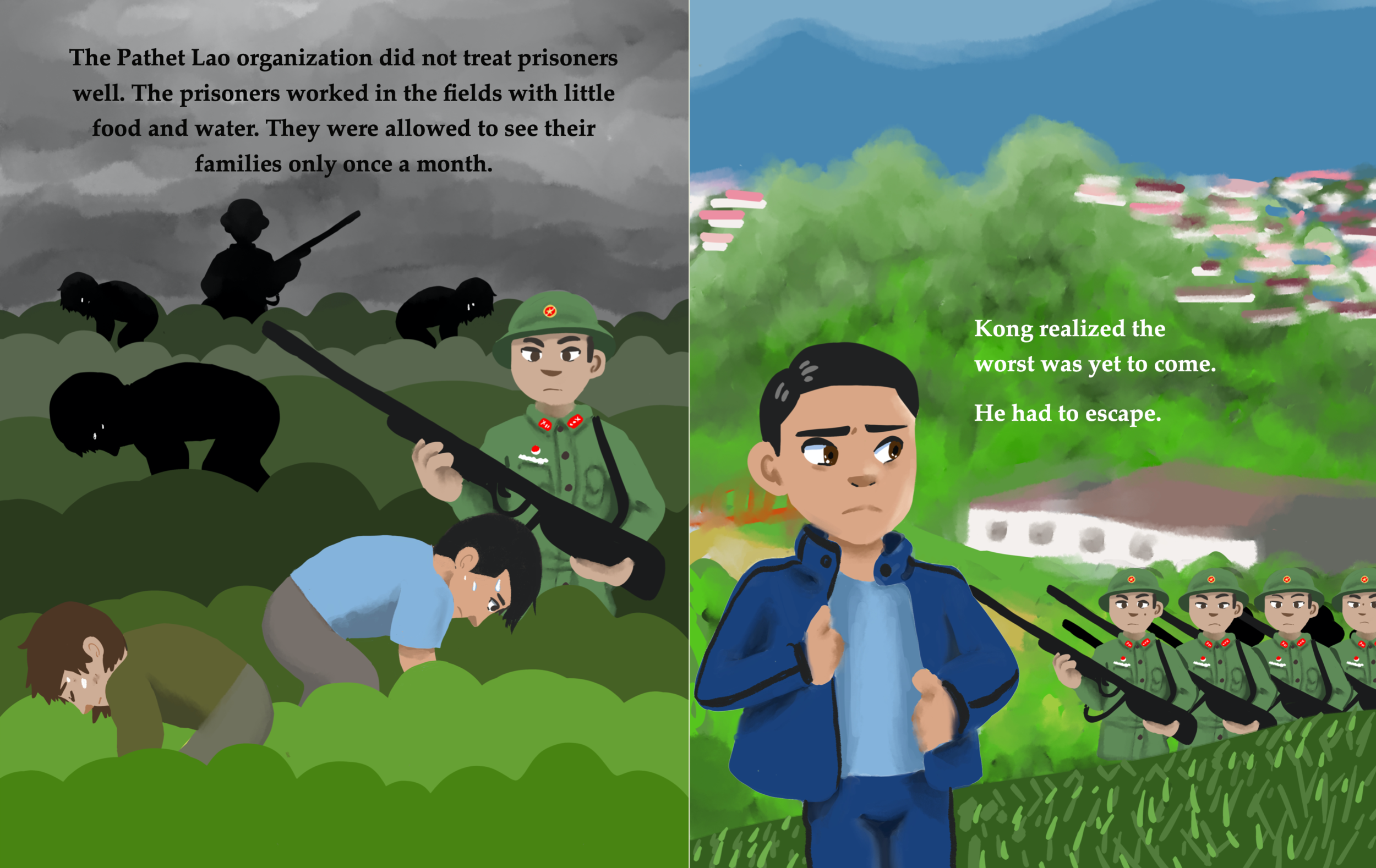 Kong's Adventure spread: Pathet Lao soldiers guard prisoners working in fields, and Kong resolves to escape