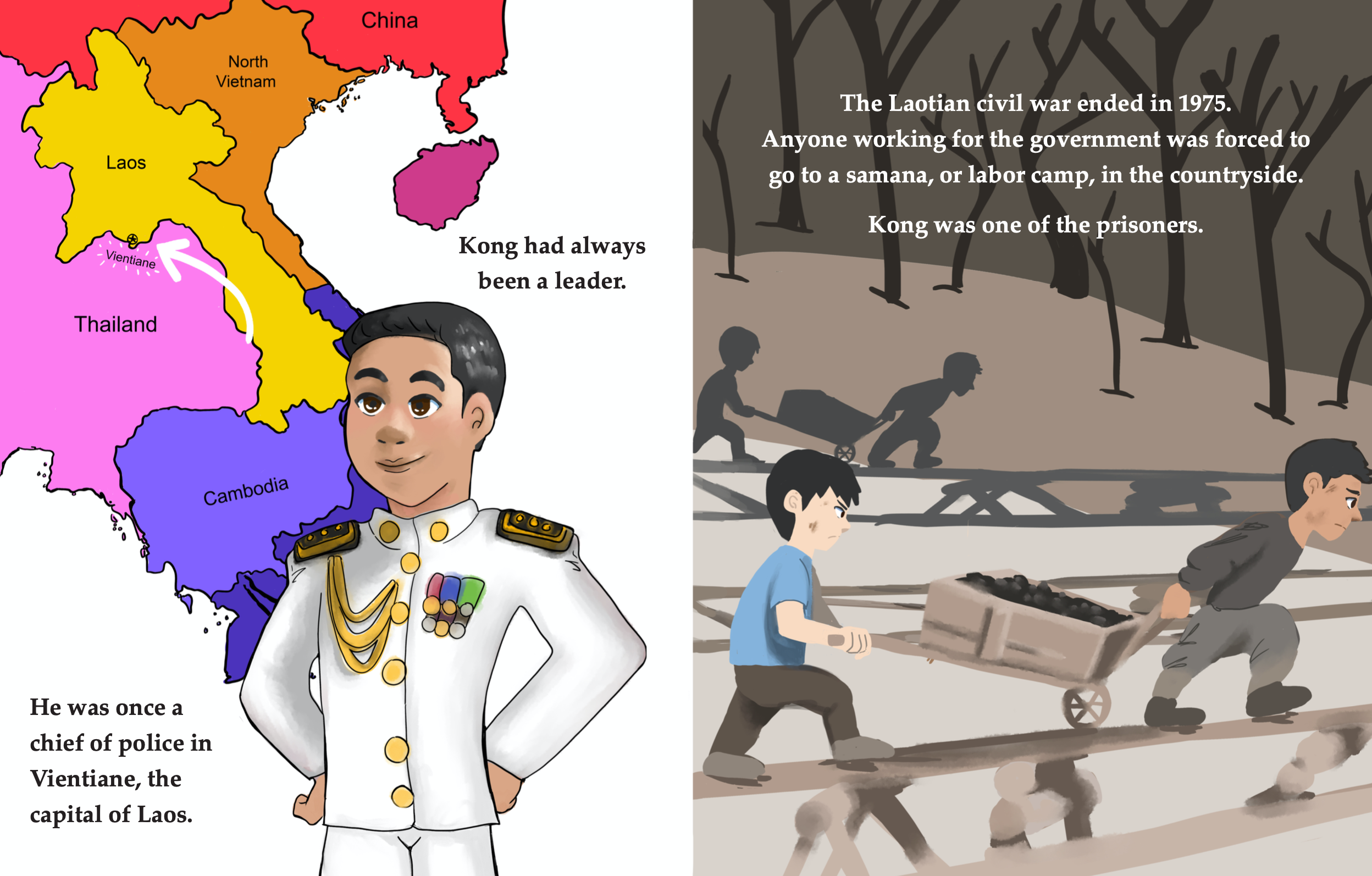 Kong's Adventure spread: Kong in a white police chief uniform beside a map of Laos, then prisoners pushing carts at a labor camp