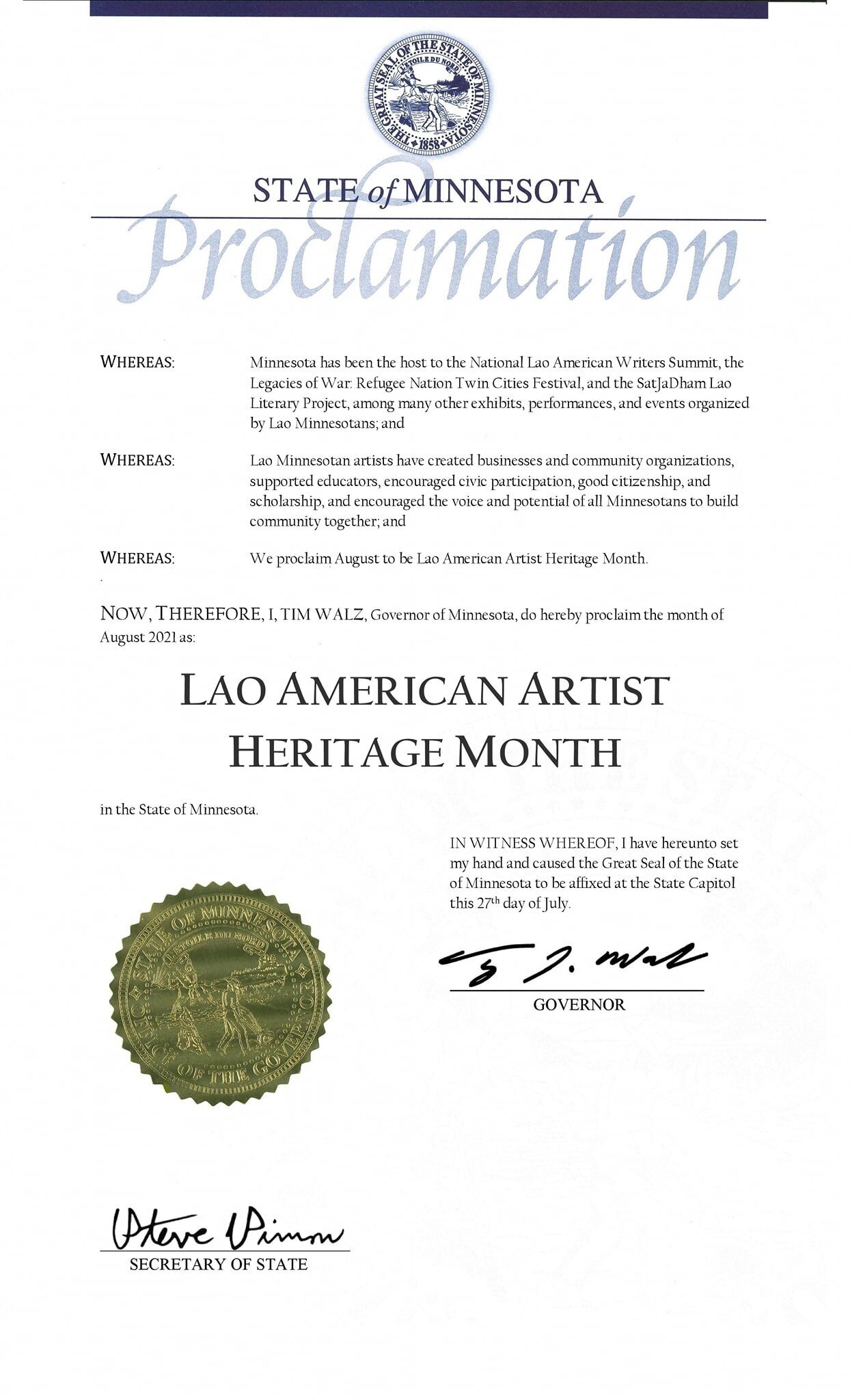 State of Minnesota proclamation signed by Governor Tim Walz declaring August 2021 Lao American Artist Heritage Month