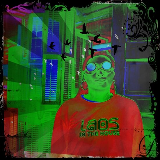 Color-inverted art photo of a person in goggles and a Laos In The House shirt, with flying birds