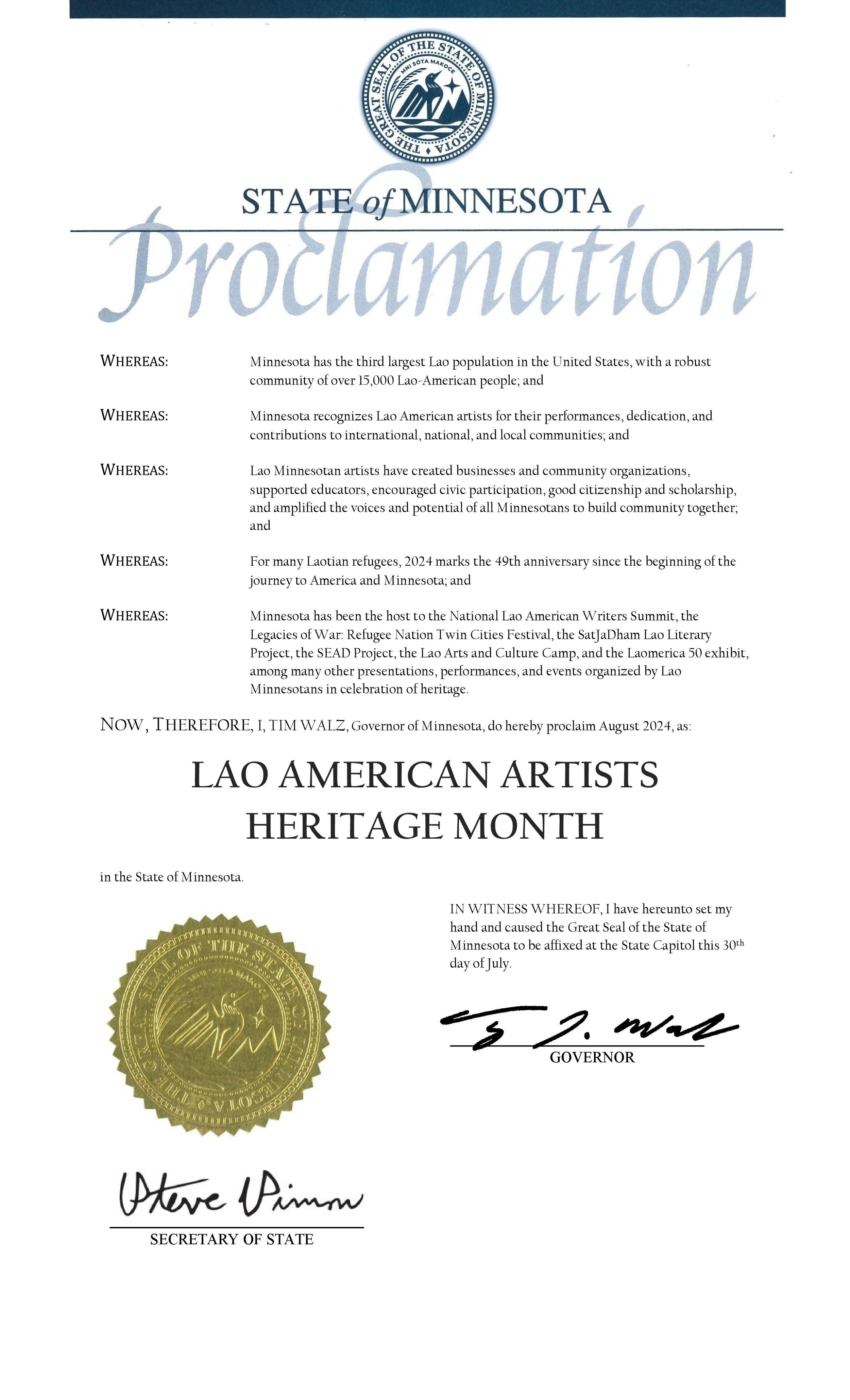 State of Minnesota proclamation declaring August 2024 Lao American Artists Heritage Month, signed by Governor Tim Walz