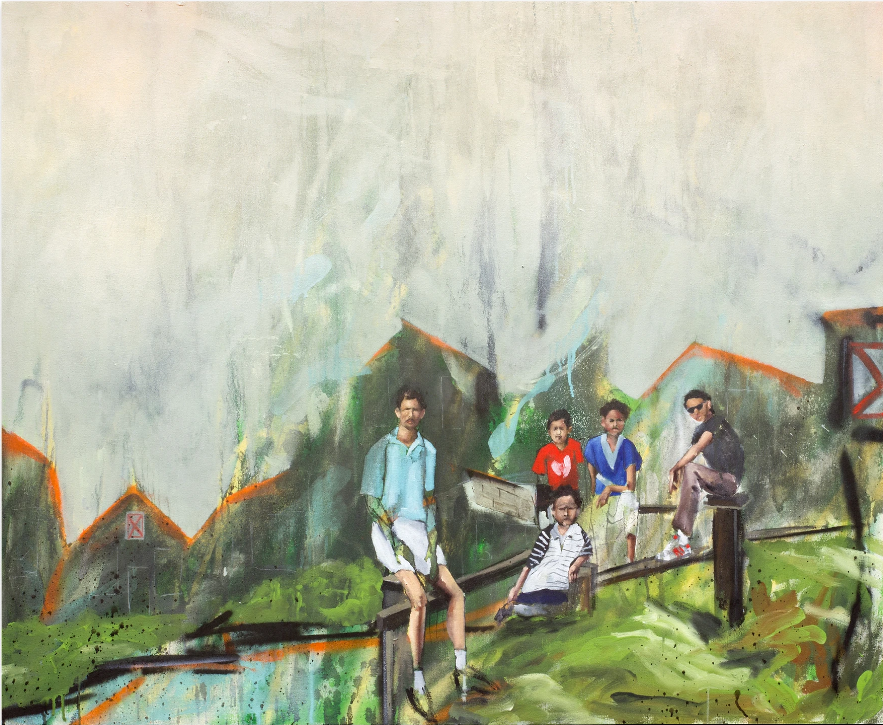 Expressive painting of a man and children sitting on a wooden fence in front of green hills