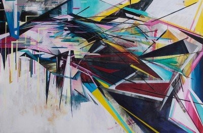 Abstract painting of sharp intersecting shards in pink, teal, yellow, and dark red, from the Legacies of War exhibition by Sisavanh Phouthavong.