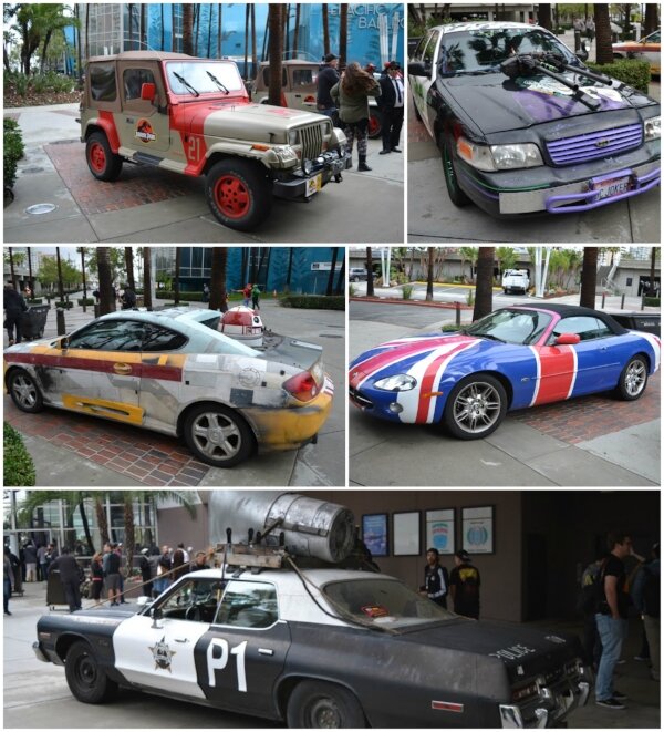Collage of movie-themed cars at the Long Beach Comic Expo, including a Jurassic Park jeep and a Union Jack sports car