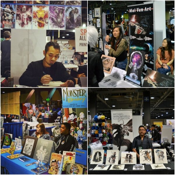 Collage of artists at their Artist Alley tables, sketching and talking with fans at the expo