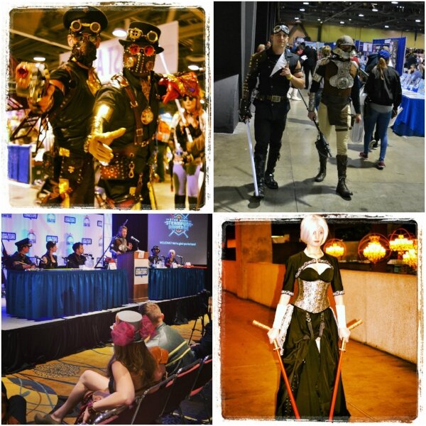 Collage of steampunk cosplayers in goggles and leather, plus a panel discussion audience