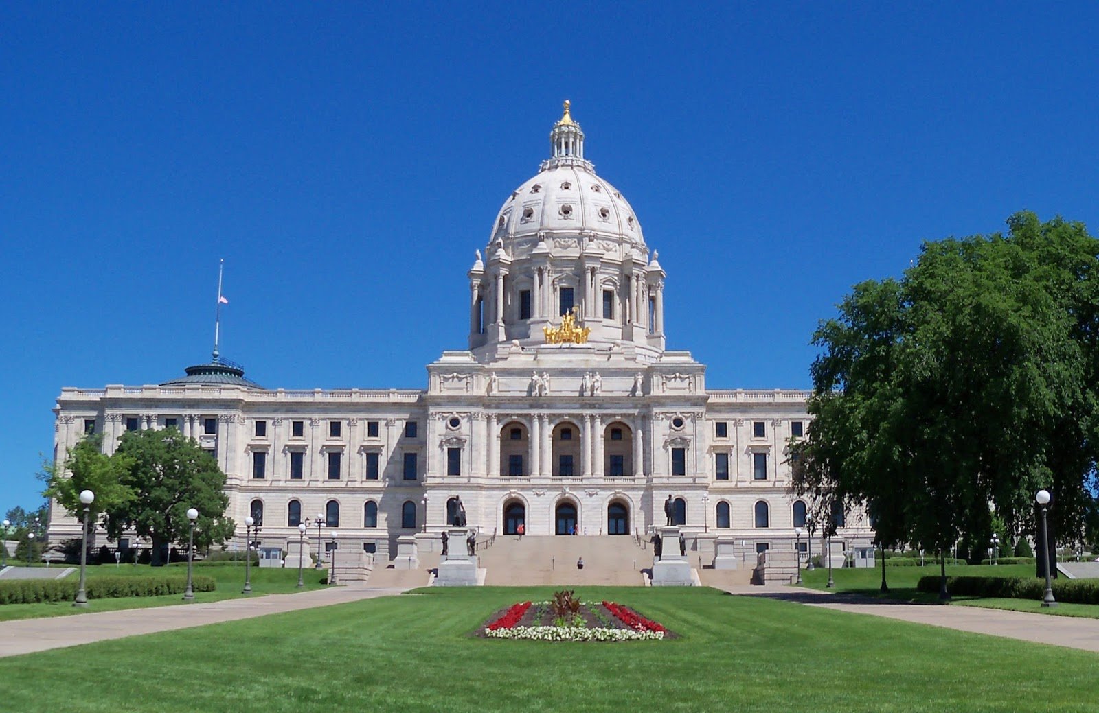 The Minnesota State Capitol building with its white dome under a clear blue sky