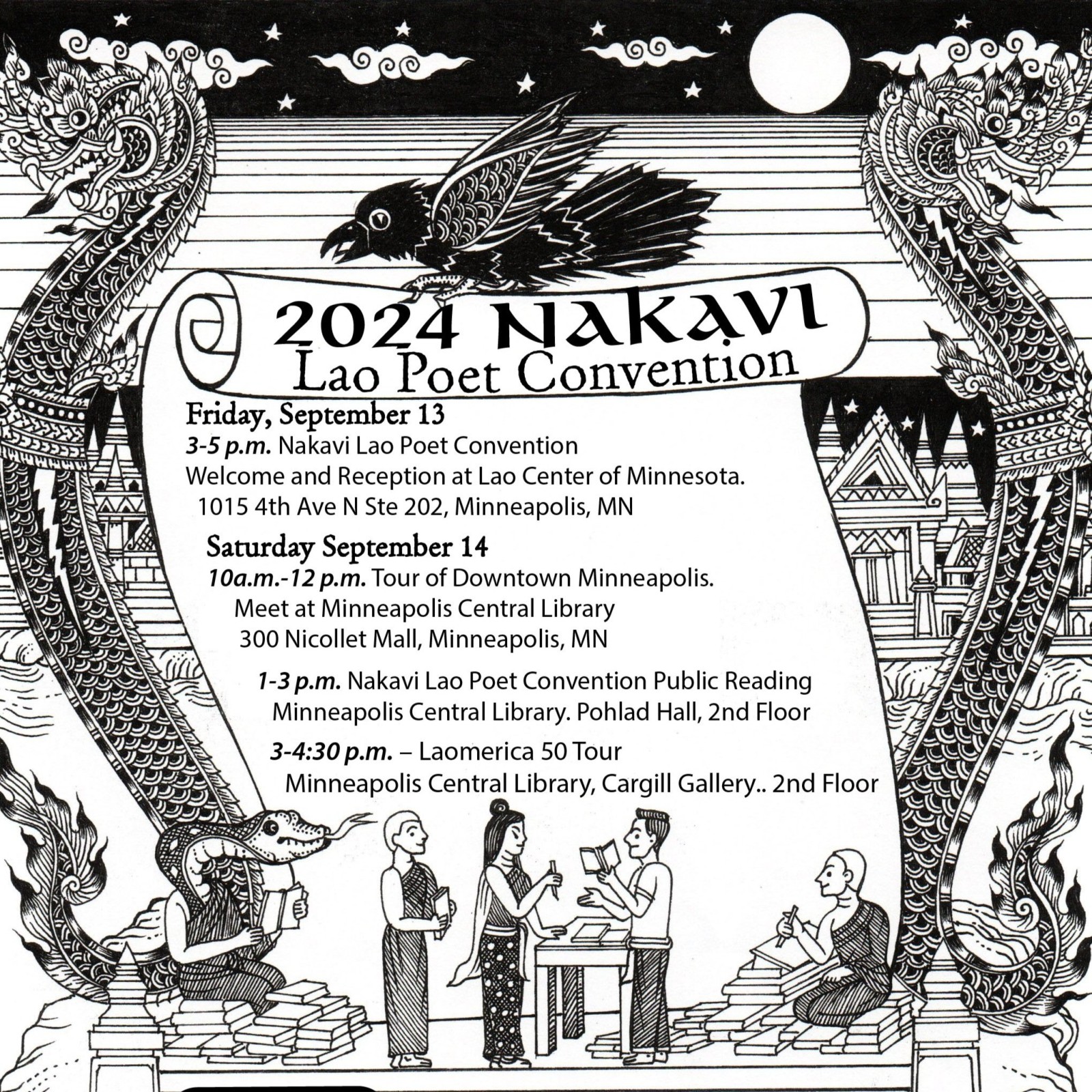 Flyer: 2024 Nakavi Lao Poet Convention, Sept 13 and 14, Minneapolis, framed by two Nak serpents and a raven