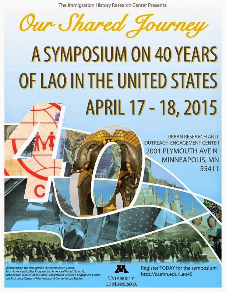 Poster: Our Shared Journey, A Symposium on 40 Years of Lao in the United States, April 17 to 18, 2015, Minneapolis, MN, with an ornate elephant statue and a large number 40