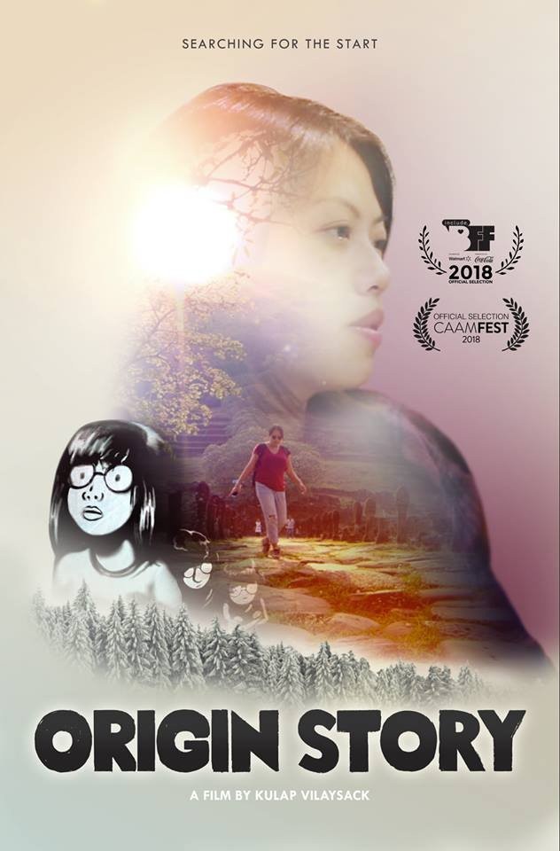 Poster for Origin Story, a film by Kulap Vilaysack, with a woman's profile blended with a forest path and a cartoon girl in glasses