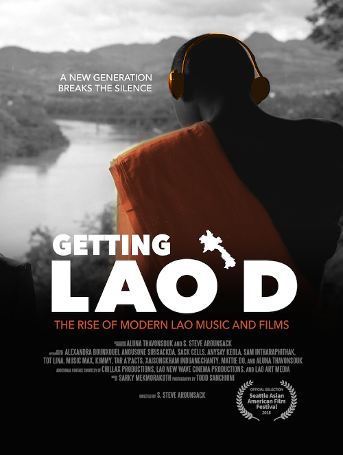 Poster for Getting Lao'd: The Rise of Modern Lao Music and Films, a monk in orange robes wearing headphones above a river