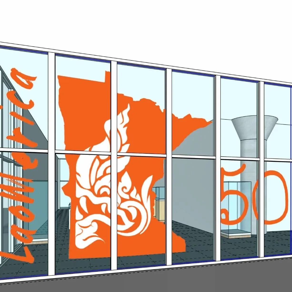 Rendering of the Laomerica 50 window display: an orange Minnesota map with a white Lao Nak motif and the number 50