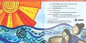 Program for the Southeast Asian American Legacies symposium, 40 Years After the End of the Vietnam War, with a painted sun and waves