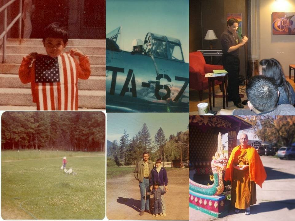 Photo collage from Bryan Thao Worra's life, including a child in a flag shirt, a plane, family photos, a reading, and a Buddhist monk beside a Nak statue