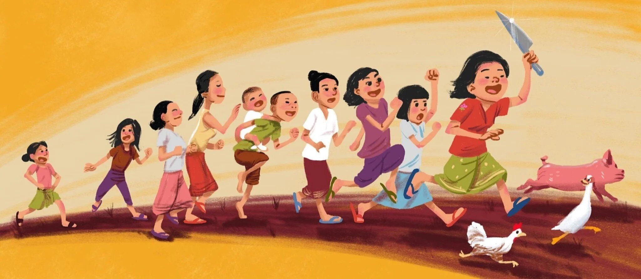 Illustration of a girl in a sinh waving a knife as she leads a line of excited children chasing a pig and chickens