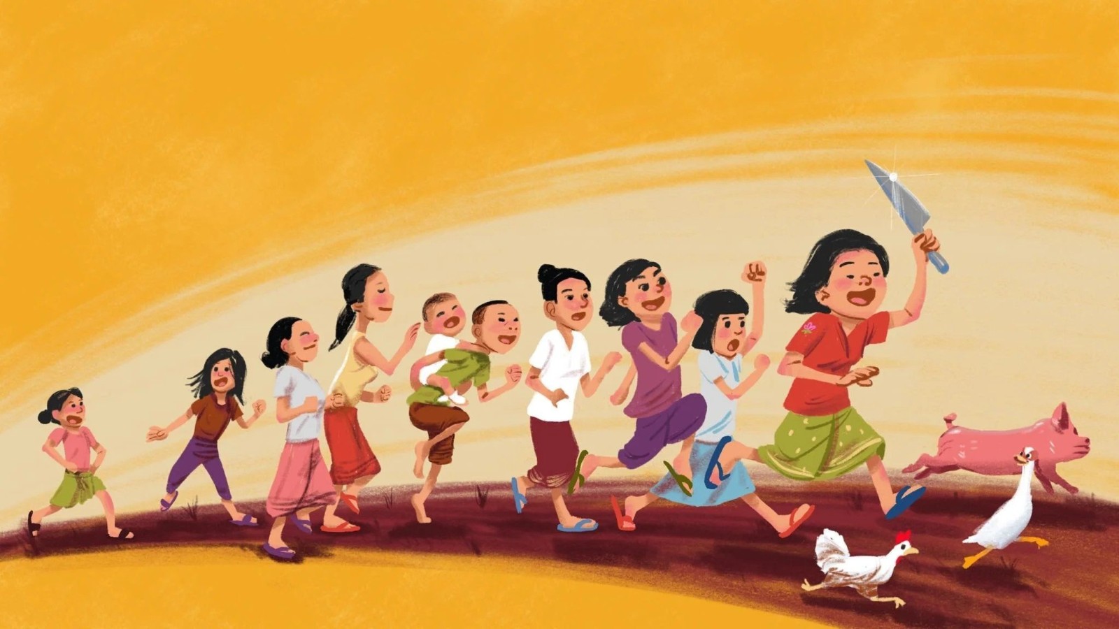 Illustration of a girl in a sinh waving a knife as she leads a line of excited children chasing a pig and chickens