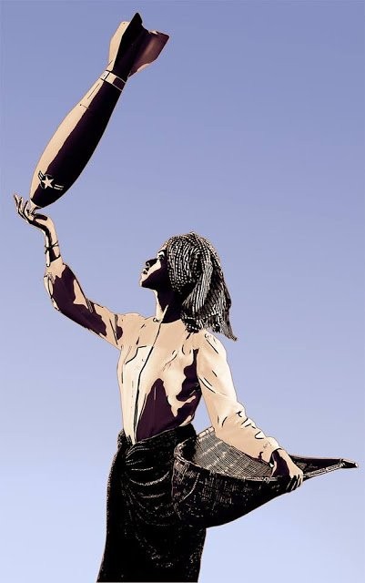 Illustration of a woman in a sinh with a fishing basket at her hip, balancing a falling bomb on her fingertips