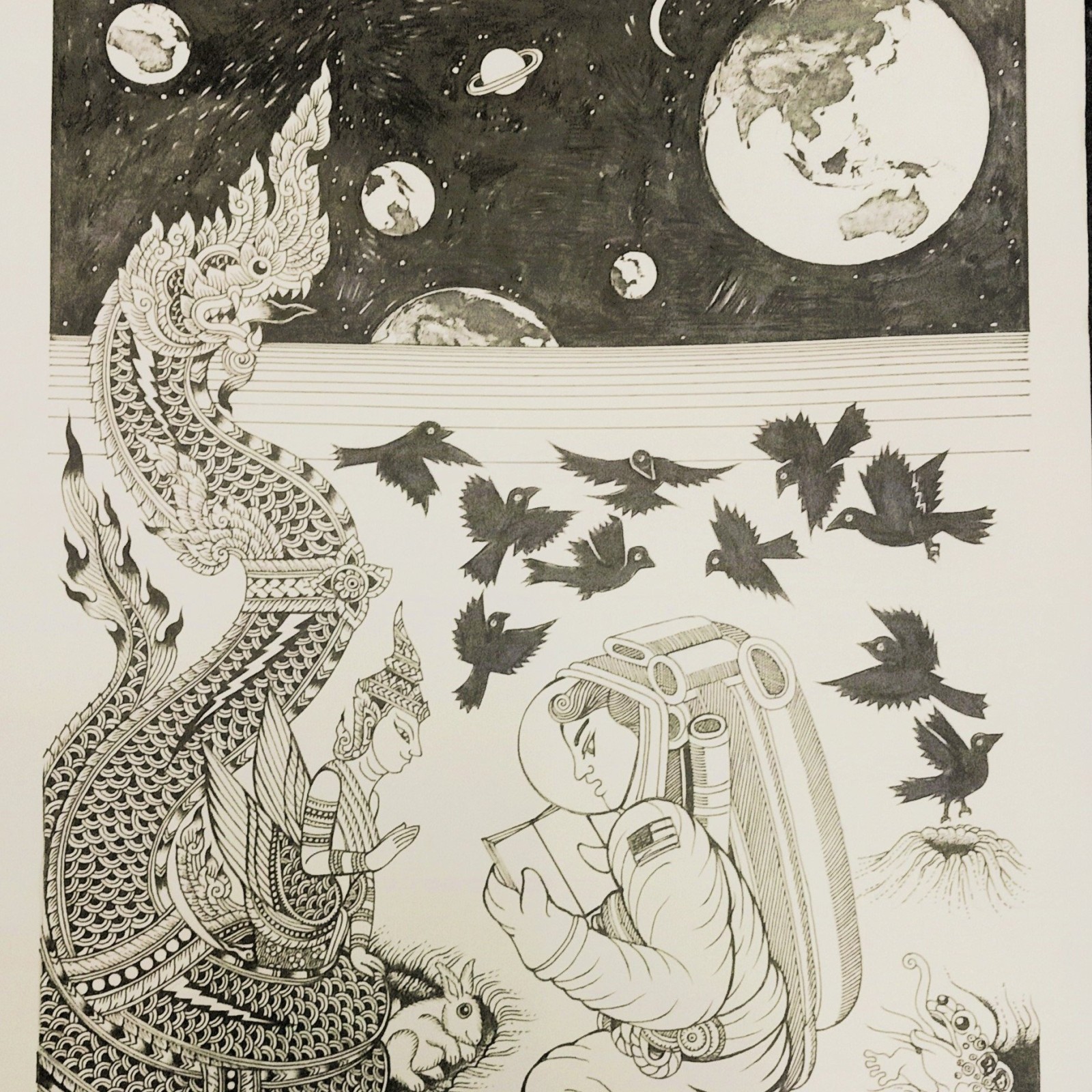 Ink drawing of a Nak and a praying celestial figure facing an astronaut reading a book, with ravens and planets in a starry sky