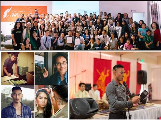 Collage of Lao American creatives, including the Writers Summit group photo and a man reading poetry at a microphone