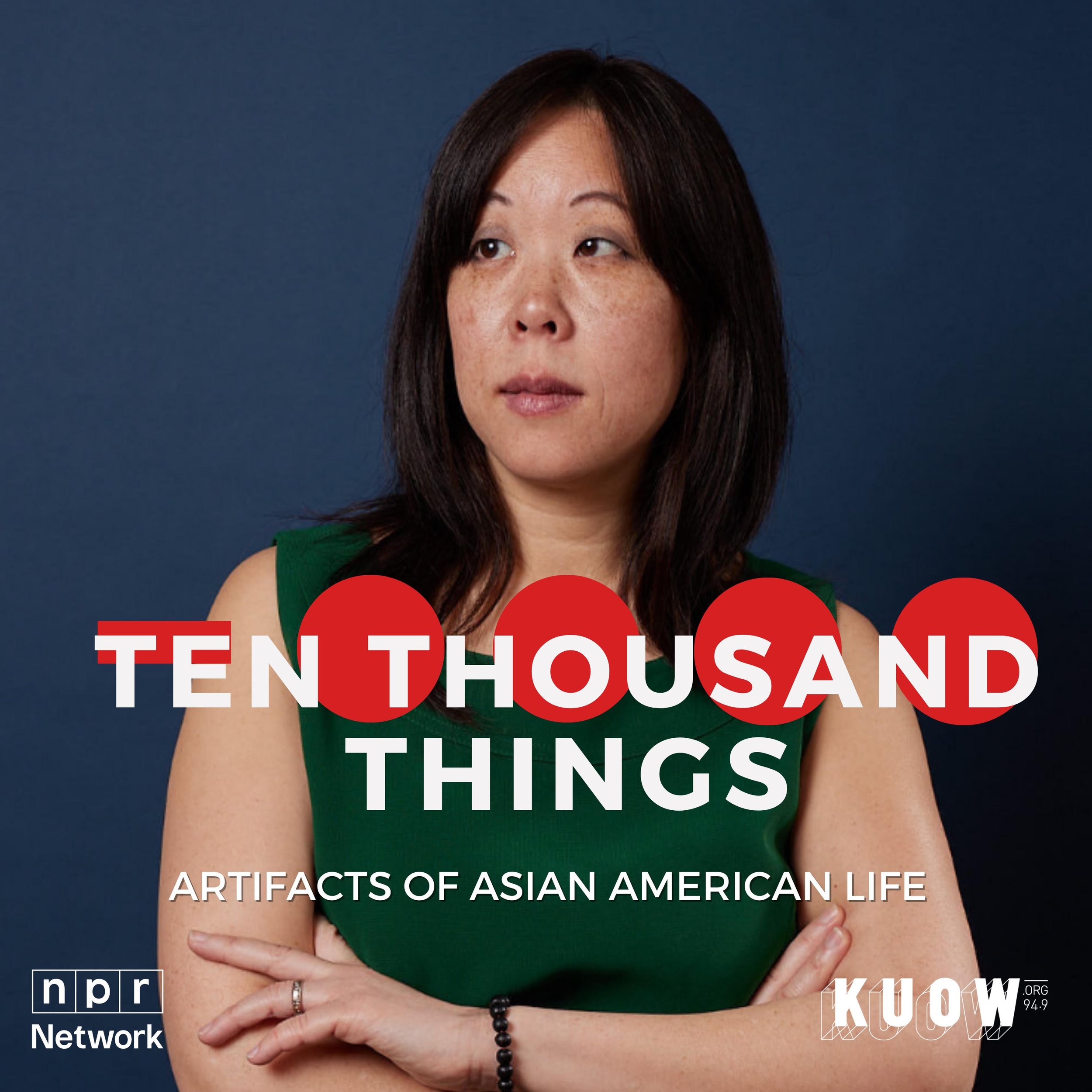 Shin Yu Pai with arms crossed on the cover art for the podcast Ten Thousand Things: Artifacts of Asian American Life, from KUOW